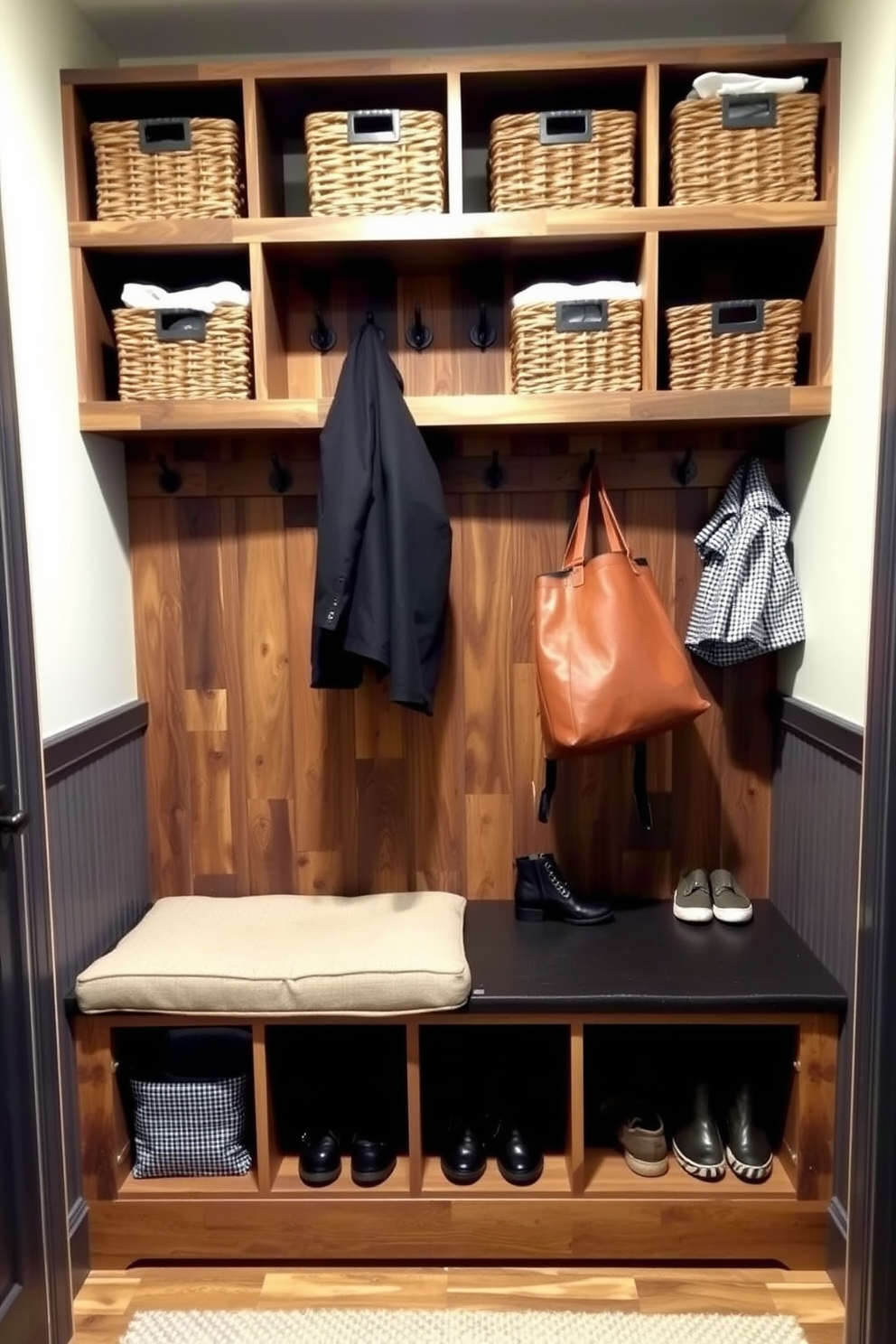 A functional mudroom featuring open shelving for easy access to everyday items. The shelves are made of reclaimed wood and are filled with baskets for organization, while hooks for coats and bags are mounted above. The cubby design includes individual compartments for shoes and outdoor gear. Each cubby is lined with a stylish fabric, and a cushioned bench sits below the shelves for added comfort.