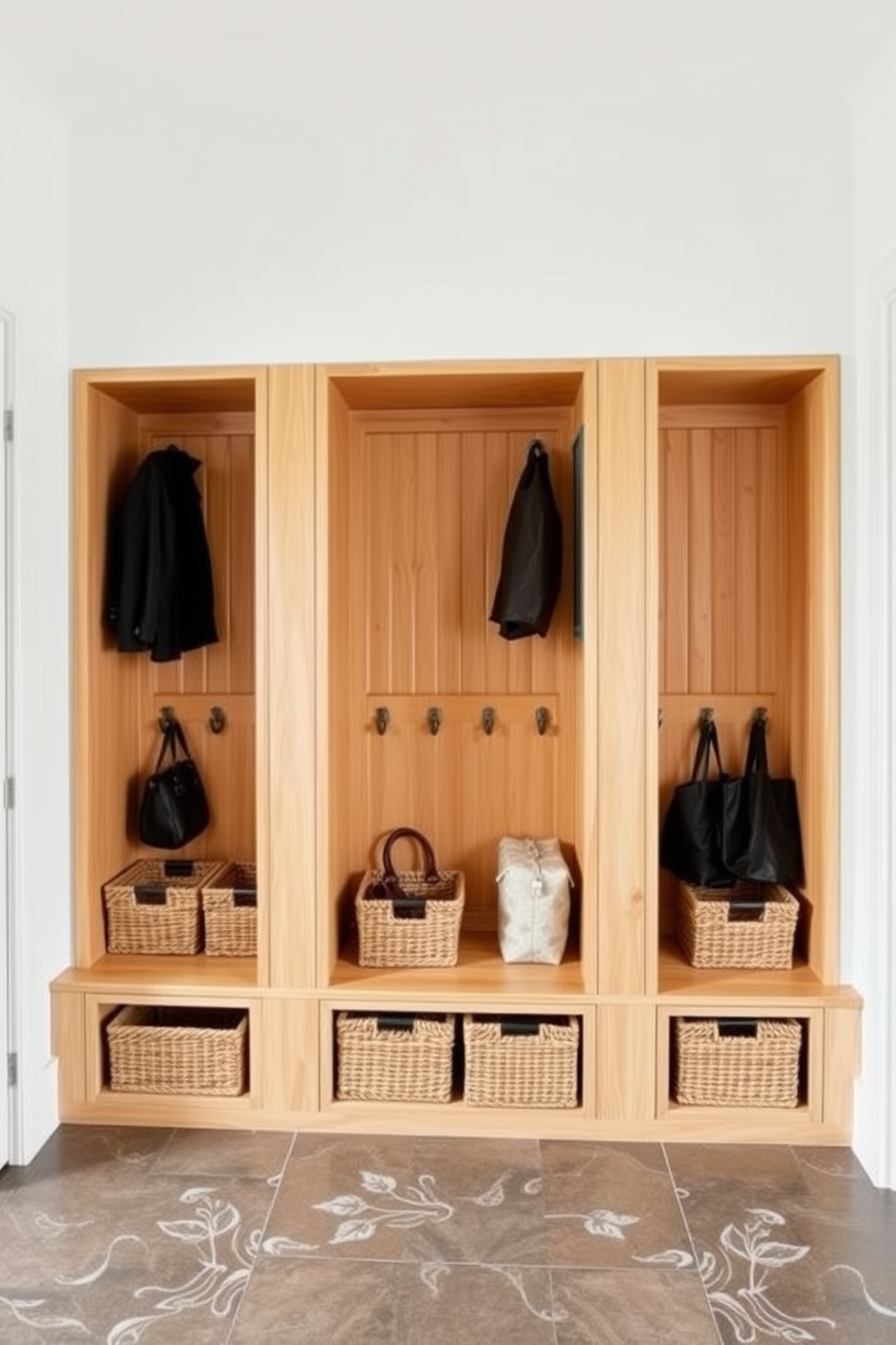 A contemporary mudroom featuring open cubbies for a sleek and modern aesthetic. The cubbies are crafted from light wood and arranged in a symmetrical layout against a crisp white wall. Each cubby is filled with neatly organized baskets and hooks for coats and bags, creating a functional yet stylish space. The floor is covered in durable, patterned tile that complements the overall design while ensuring easy maintenance.