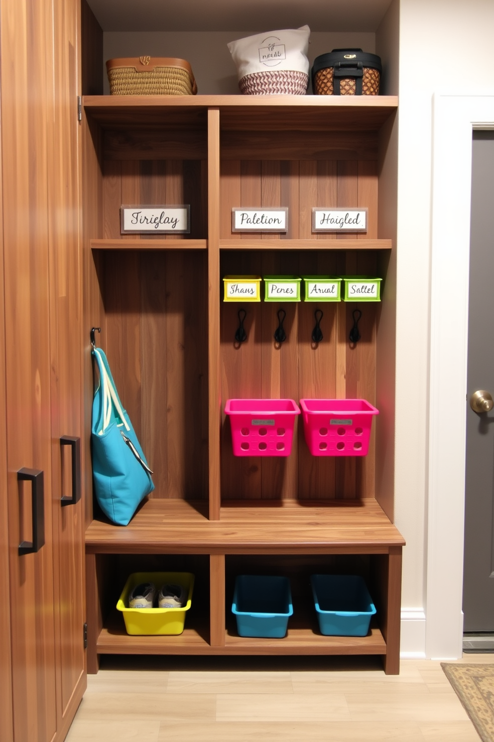 Mudroom lockers with personalized name tags create a warm and inviting entryway. Each locker is crafted from reclaimed wood, featuring a unique name tag for each family member, adding a personal touch to the space. The cubby design incorporates a mix of open and closed storage options to maximize functionality. Brightly colored baskets are neatly arranged on the shelves, while hooks above provide ample space for coats and bags.