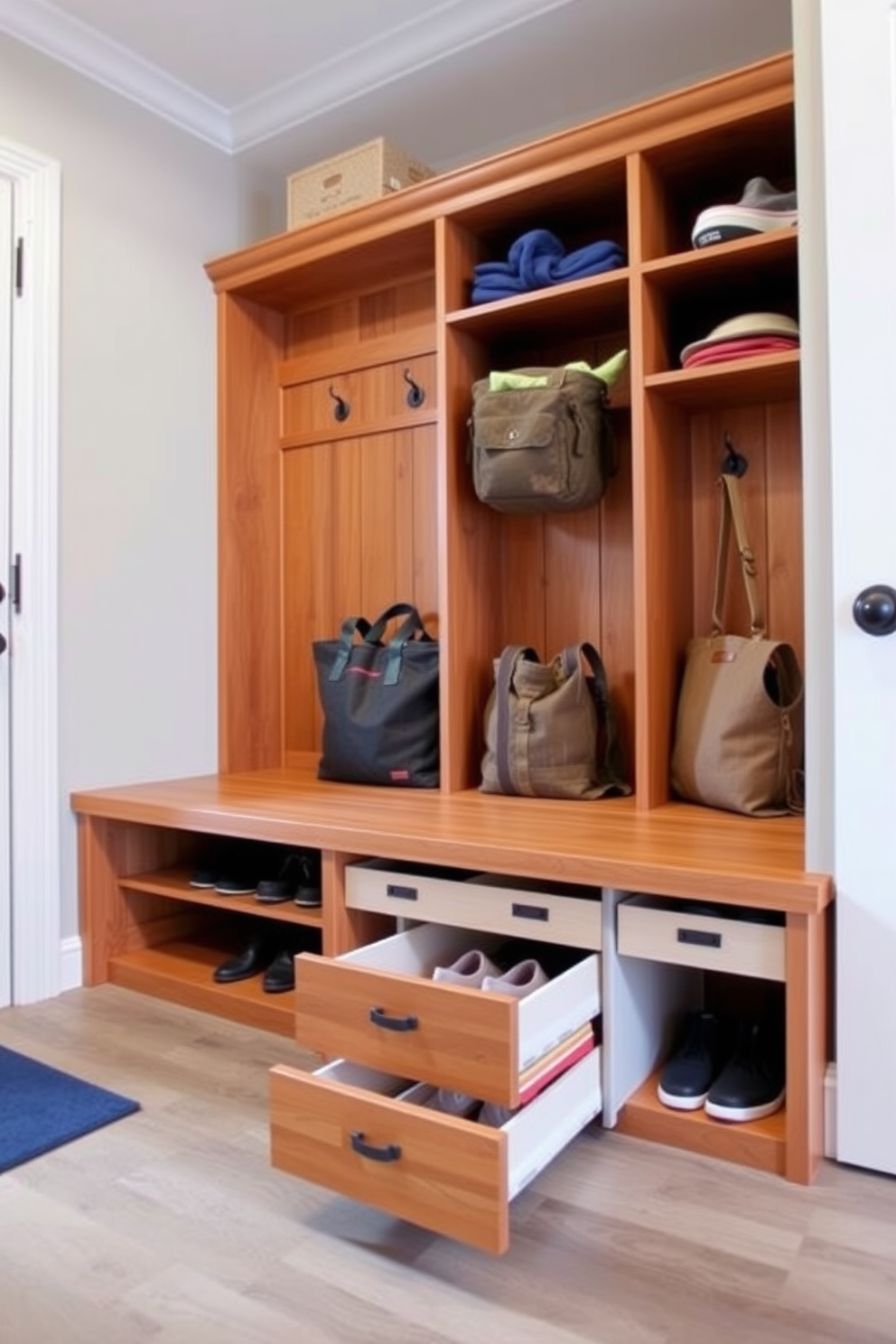 A functional mudroom featuring shoe storage drawers neatly integrated beneath a spacious bench. The cubby design incorporates open shelving for easy access to bags and outdoor gear, with a warm wood finish that complements the inviting atmosphere.