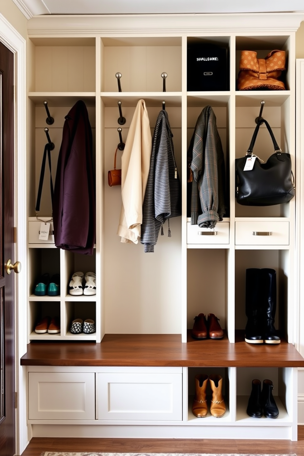 A stylish mudroom featuring wall-mounted hooks for coats and bags. The hooks are arranged in a neat row above a built-in bench, creating a functional and inviting space. The cubbies are designed with a mix of open and closed storage, providing ample space for shoes and outdoor gear. Each cubby is labeled with decorative tags for easy organization and a touch of charm.