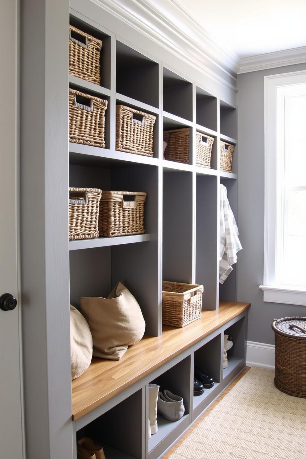 A stylish mudroom featuring cubbies designed for organization. Each cubby is filled with woven baskets that provide a neat and tidy appearance while offering ample storage for shoes and outdoor gear. The walls are painted in a soft gray tone, complemented by a durable wood bench beneath the cubbies. Natural light streams in through a nearby window, enhancing the inviting atmosphere of this functional space.