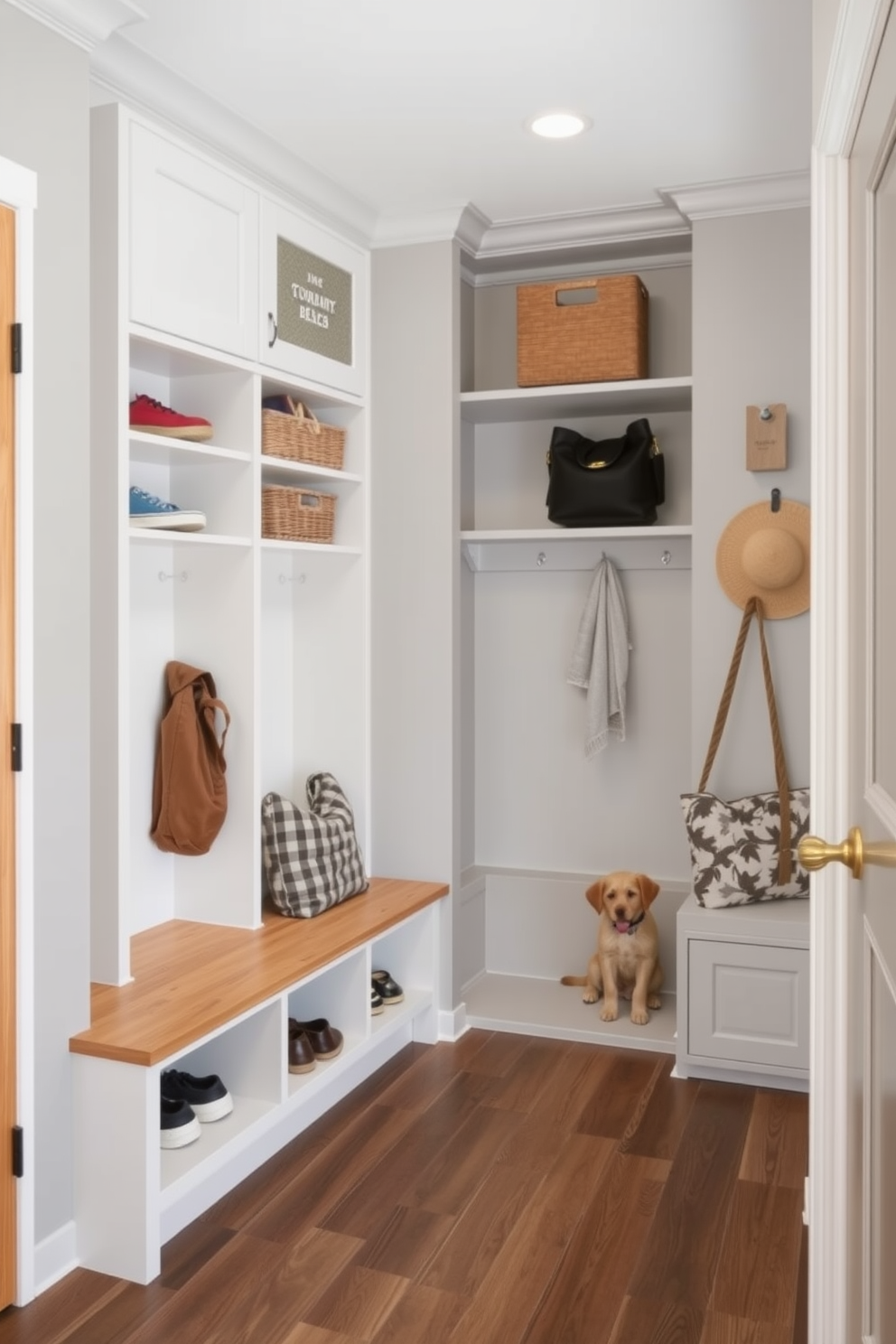 A functional mudroom featuring integrated pet storage. The design includes built-in cubbies for shoes and bags, while a designated area for pet supplies is seamlessly incorporated into the cabinetry. The walls are painted in a soft gray hue, creating a calming atmosphere. Natural wood accents and durable flooring add warmth and practicality to the space.