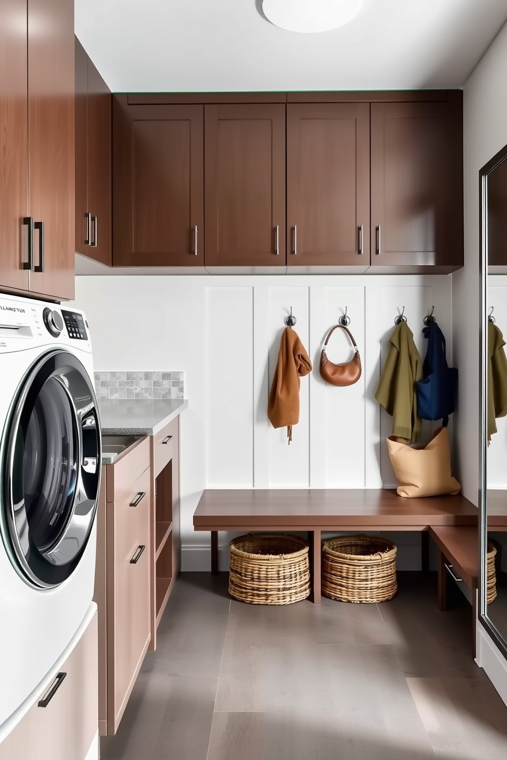 A functional integrated laundry area with sleek cabinetry and a countertop for folding clothes. The space features a modern washer and dryer stacked with a stylish backsplash and ample storage for laundry essentials. A welcoming mudroom design with built-in benches and hooks for coats and bags. The flooring is durable and easy to clean, complemented by decorative baskets for organization and a large mirror to enhance the space.