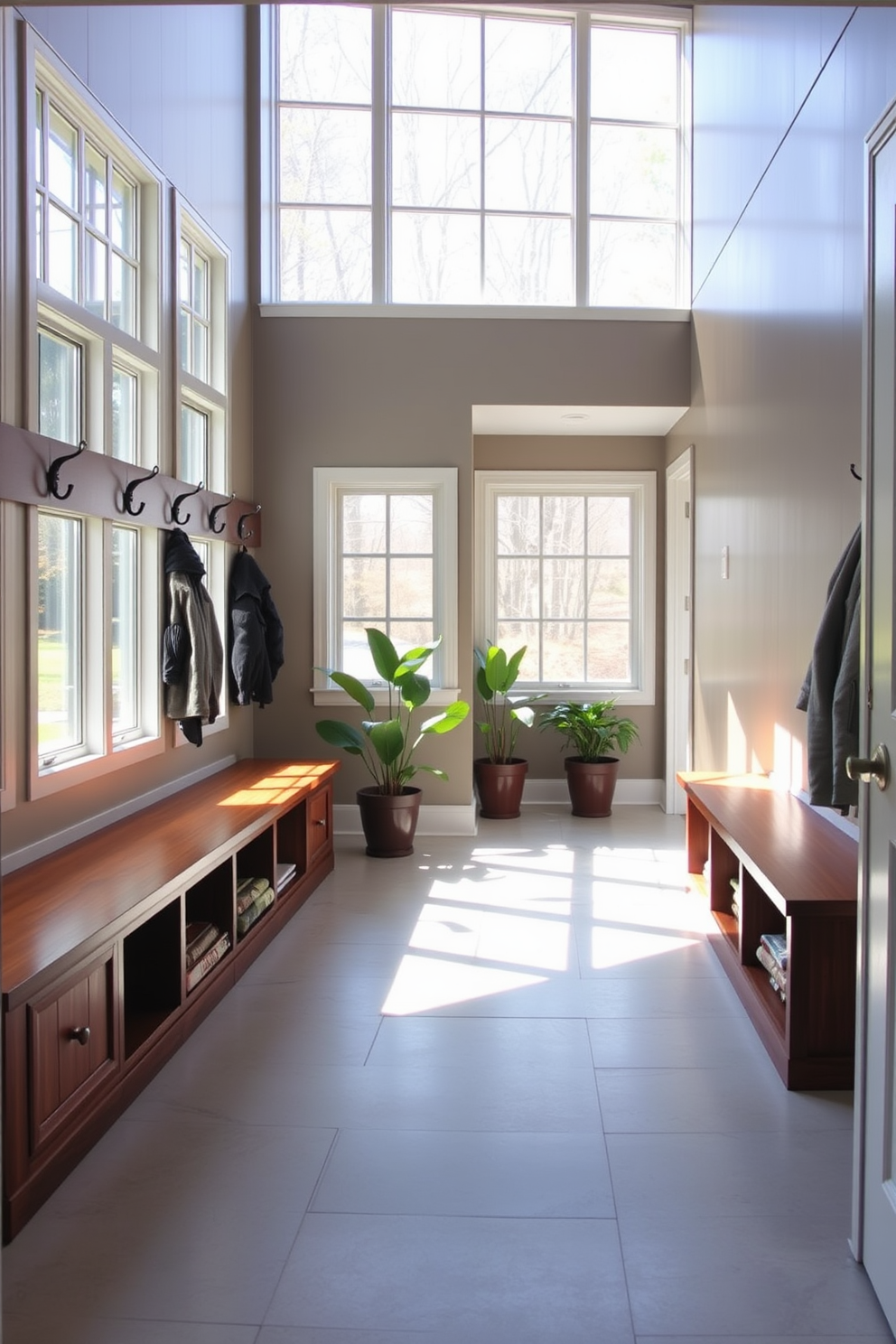 A welcoming mudroom filled with natural light streaming through large windows. The space features built-in wooden benches with storage underneath and hooks for coats along the walls. The floor is adorned with durable tile that can withstand heavy foot traffic. Potted plants are placed near the windows, adding a touch of greenery to the airy atmosphere.