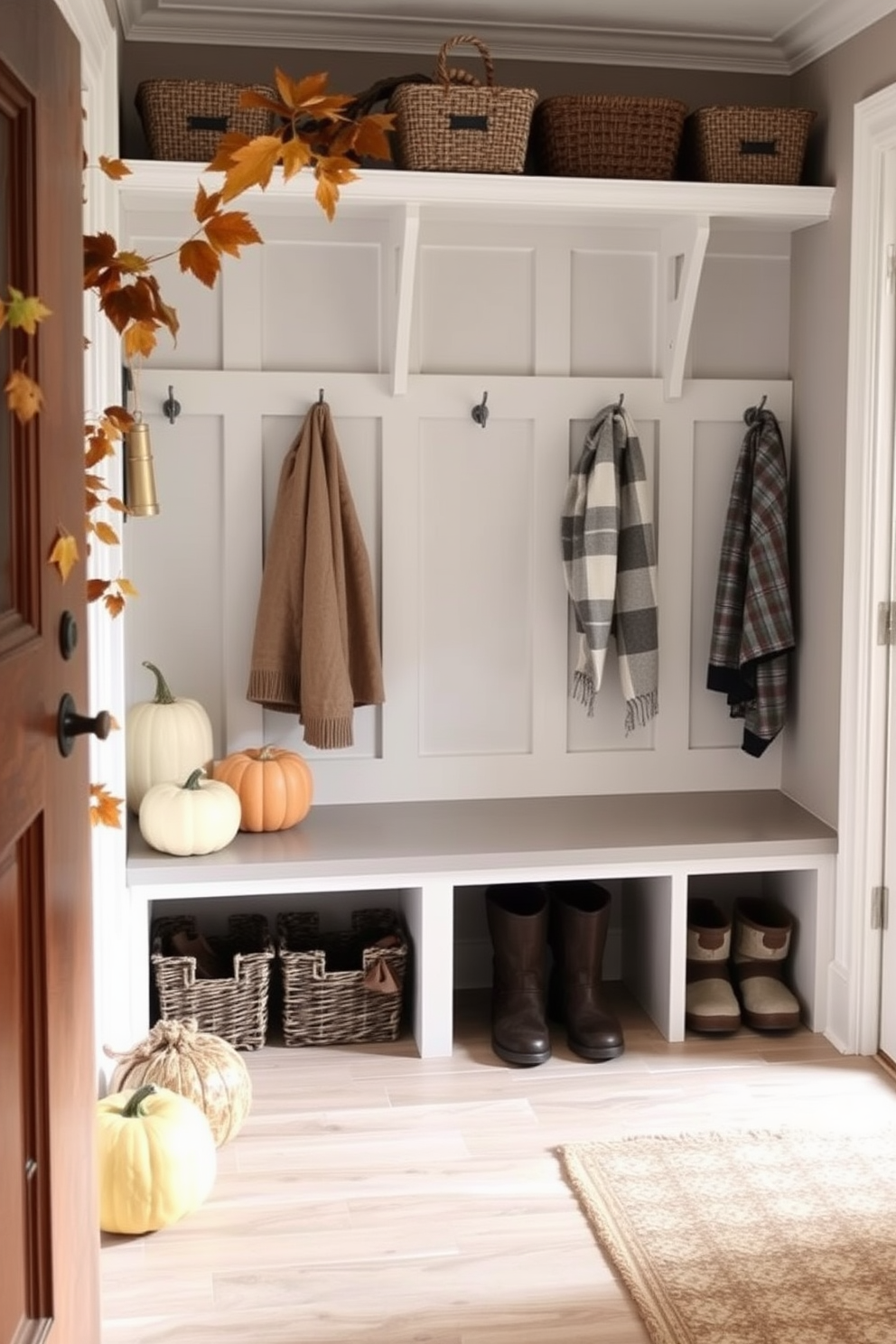 Seasonal decor to refresh the space. Imagine a cozy entryway adorned with autumn leaves and pumpkins, creating a warm and inviting atmosphere. Mudroom design ideas. Envision a functional mudroom featuring built-in benches with storage underneath, surrounded by hooks for coats and baskets for shoes, all in a palette of soft grays and whites.