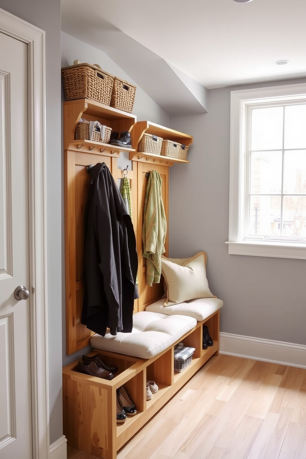 A functional mudroom with wall-mounted organizers for small items. The organizers are crafted from natural wood and feature hooks for coats and baskets for shoes, creating an organized and inviting space. The walls are painted in a soft gray tone, complementing the light wood flooring. A bench with plush cushions sits beneath a large window, providing a cozy spot for putting on and taking off shoes.