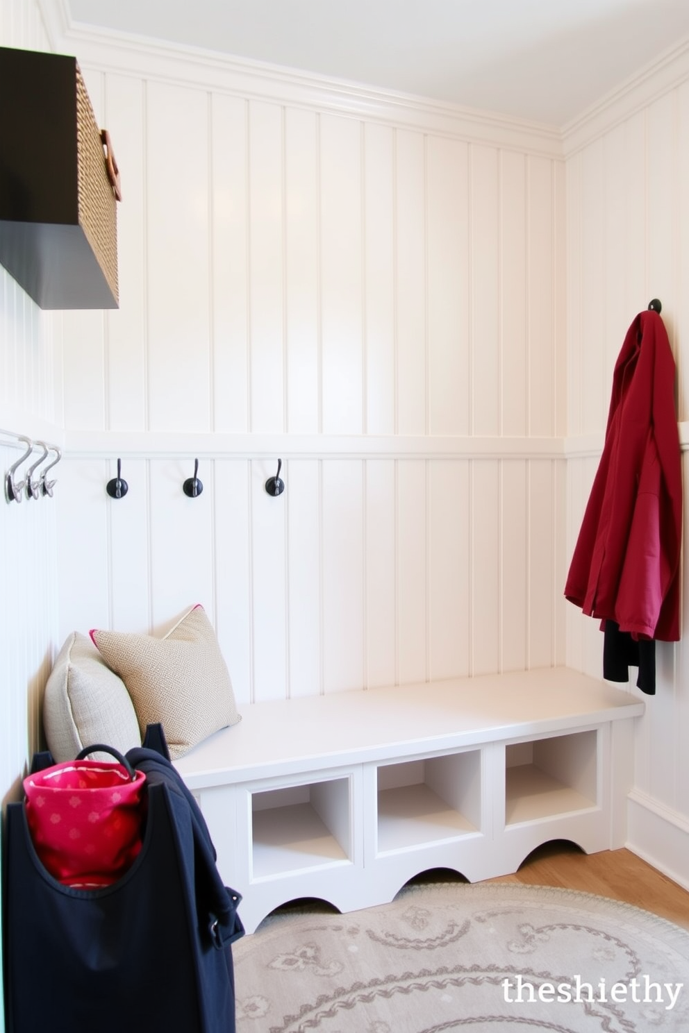 Classic beadboard paneling creates a charming backdrop in the mudroom. The space features built-in benches with plush cushions and hooks for hanging coats, enhancing both functionality and style.