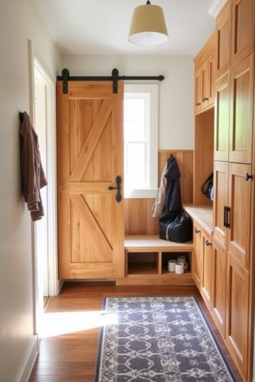 A charming mudroom featuring a sliding barn door that adds a rustic touch. The space includes built-in benches with storage underneath, surrounded by hooks for coats and bags. Natural light floods the room through a window, illuminating the warm wood tones of the cabinetry. A durable, patterned rug lies on the floor, providing both comfort and style.