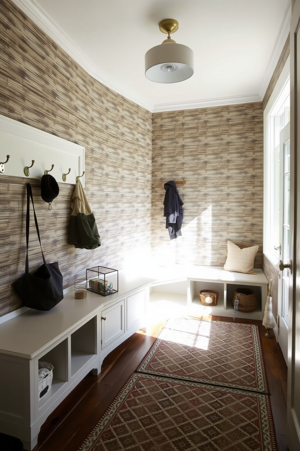 Textured wallpaper adds depth and character to a mudroom, creating a welcoming entryway. The space features built-in benches with storage underneath, complemented by hooks for hanging coats and bags. Natural light floods the room through a large window, illuminating the rich textures of the wallpaper. A durable, patterned rug anchors the space, providing both style and practicality for high foot traffic.