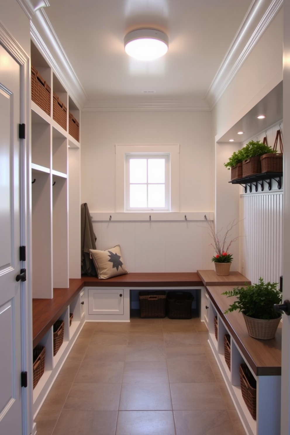 A spacious mudroom featuring built-in lighting that creates a bright and inviting ambiance. The design includes a combination of storage solutions with cubbies, hooks, and a bench for convenience. The walls are painted in a light, airy color to enhance the natural light, while the floor is covered with durable, easy-to-clean tiles. Decorative baskets and potted plants add a touch of warmth and style to the functional space.