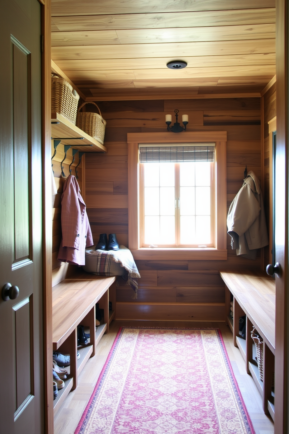 A cozy mudroom featuring rustic wood accents that create a warm and inviting atmosphere. The walls are lined with reclaimed wood, and sturdy wooden benches provide ample seating and storage for shoes and outdoor gear. Natural light floods the space through a large window, illuminating the earthy tones of the decor. A woven basket and hooks for coats add functional charm, while a patterned rug brings a touch of personality to the floor.