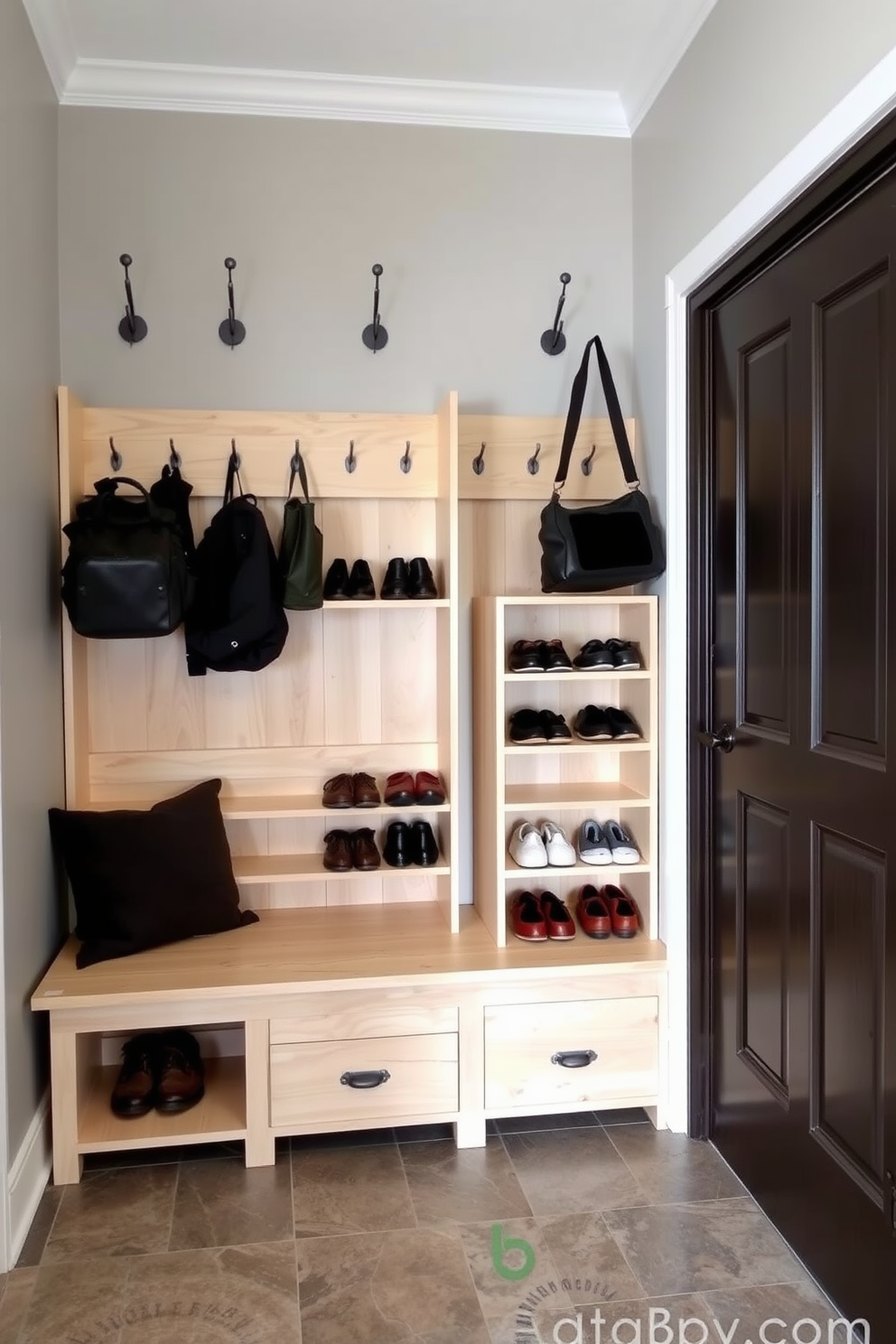 A functional mudroom featuring a spacious shoe rack designed for easy access. The shoe rack is made of light wood and includes multiple shelves for organized storage, with a cushioned bench beside it for convenience. The walls are painted in a soft gray hue, complemented by a durable tile floor that can withstand heavy foot traffic. Hooks for coats and bags line the wall above the bench, creating a tidy and welcoming entryway.