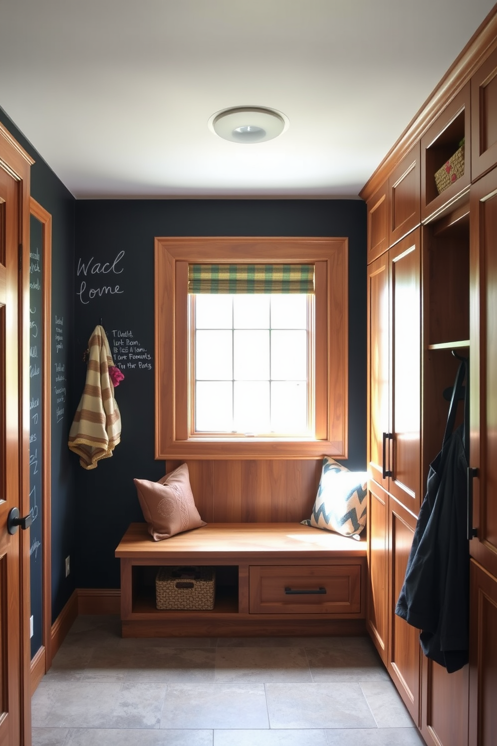 A stylish mudroom features a chalkboard wall where family members can jot down notes and reminders. The space includes a built-in bench with storage underneath and hooks for coats and bags. Natural light floods in through a large window, illuminating the warm wood tones of the cabinetry. The floor is finished with durable tiles that can withstand heavy foot traffic, adding practicality to the design.