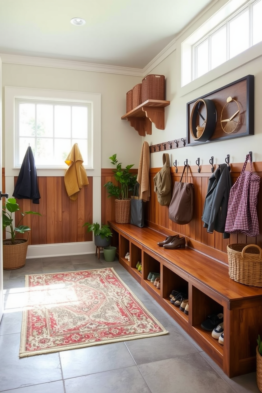 A stylish mudroom designed for seasonal clothing rotation features built-in wooden benches with ample storage underneath. Hooks line the walls for hanging coats and bags, while a large basket holds shoes, keeping the space organized and inviting. Natural light floods the room through a large window, illuminating the neutral-toned walls and durable tile flooring. A decorative rug adds a pop of color, and potted plants bring a touch of nature indoors, creating a welcoming atmosphere.