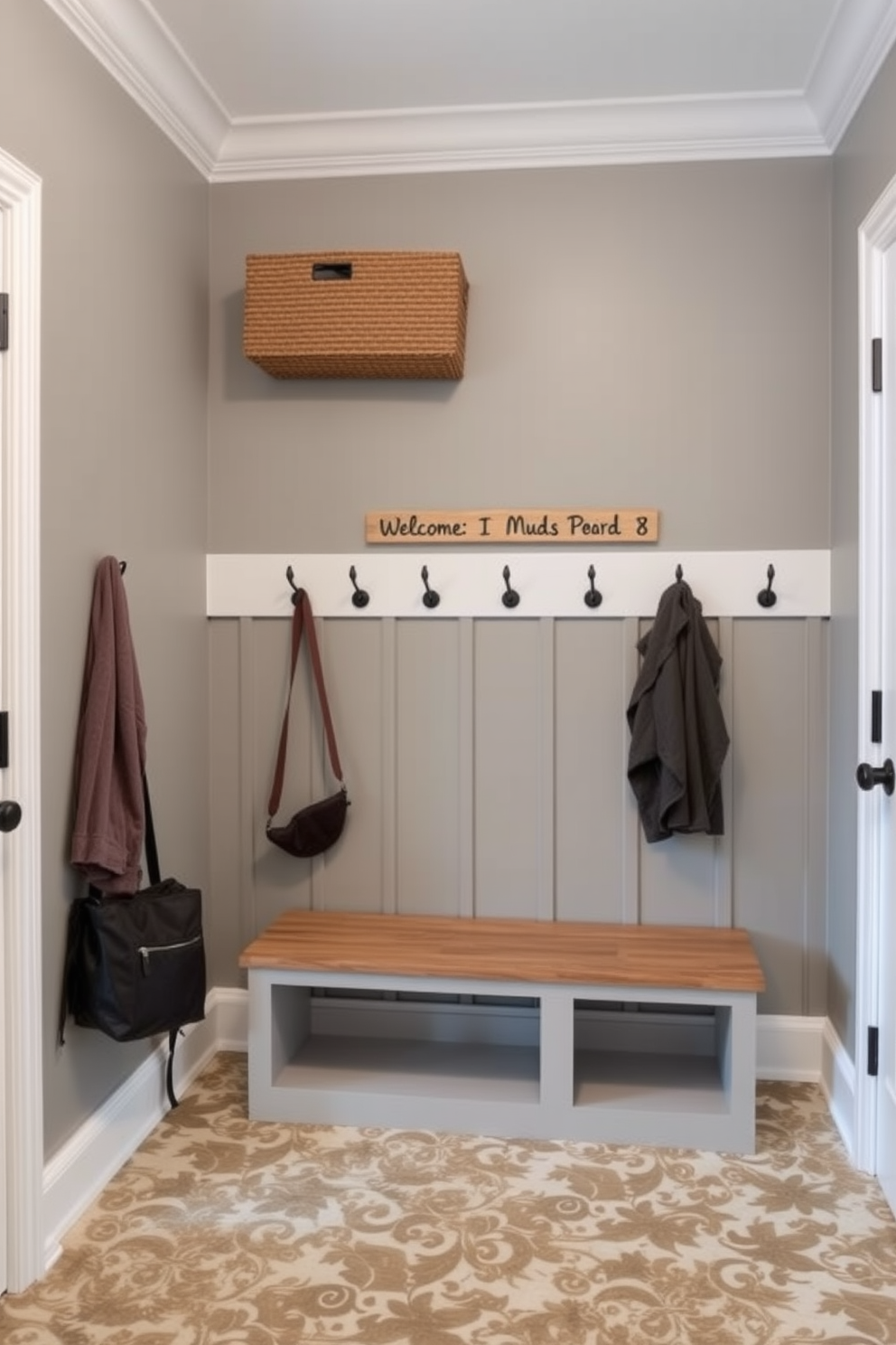 A welcoming mudroom featuring personalized hooks for each family member. The walls are painted in a soft gray tone, and the floor is covered with durable, patterned tiles for easy maintenance.