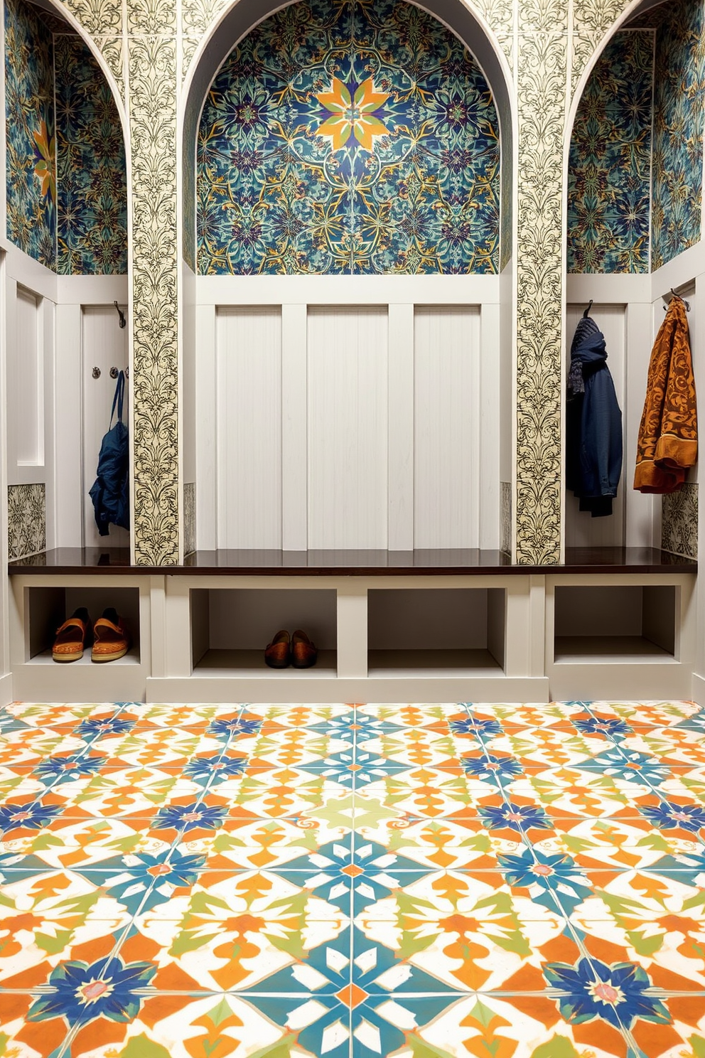 Artistic tile patterns for the floor. The tiles showcase intricate geometric designs in vibrant colors that create a stunning visual impact. Mudroom design ideas. The space features built-in benches with storage underneath and hooks for coats, all framed by a backdrop of stylish, patterned tiles.