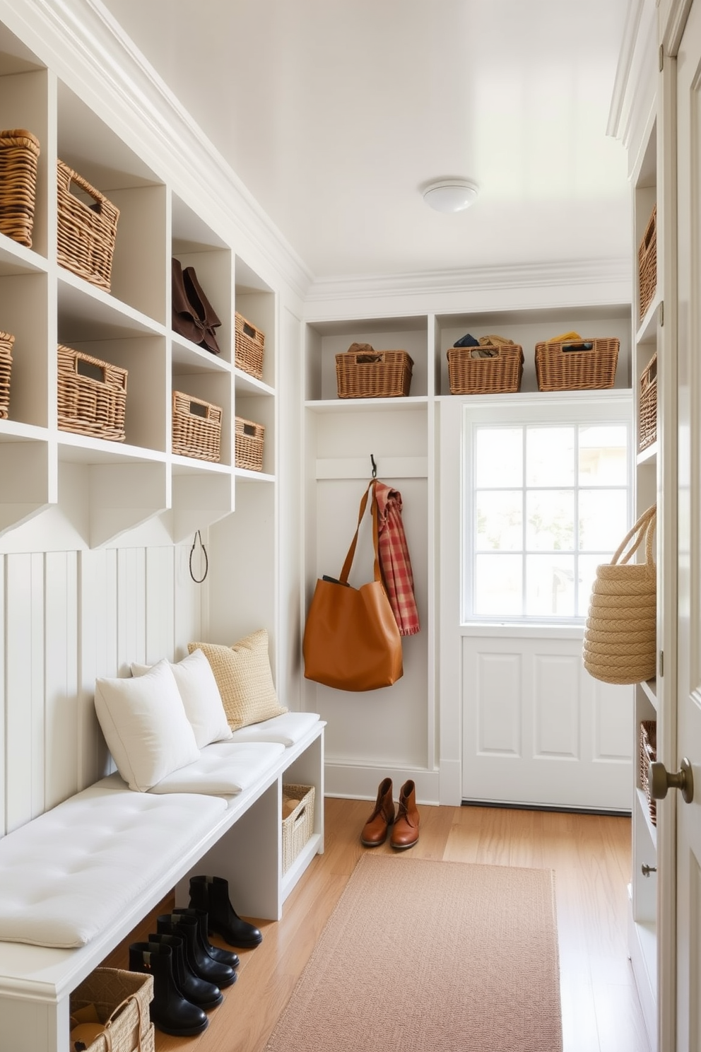 Open shelving lines the walls of a bright and airy mudroom, providing easy access to shoes, bags, and outdoor gear. The space features a bench with soft cushions, and woven baskets are neatly arranged on the shelves for added organization.