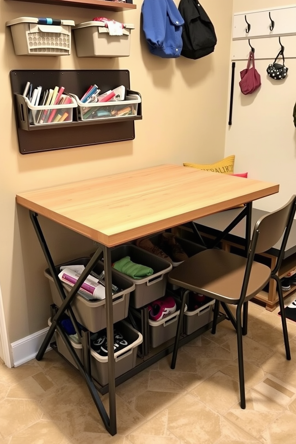 A functional folding table designed for crafts is placed against a wall, featuring a smooth wooden surface and sturdy metal legs. The table is surrounded by organized storage bins filled with art supplies, while a comfortable chair is positioned nearby for ease of use. The mudroom design incorporates a built-in bench with storage cubbies underneath for shoes and outdoor gear. Walls are adorned with hooks for coats and bags, and a durable tile floor is chosen for easy cleaning after outdoor activities.