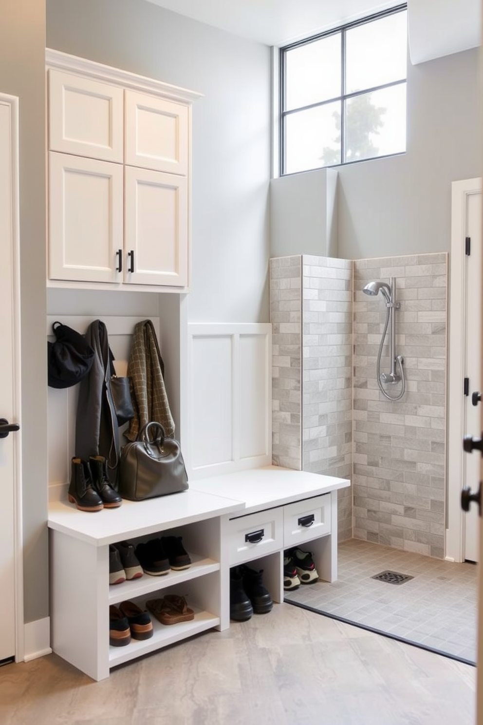 A functional mudroom featuring a dedicated pet washing station. The space includes a built-in bench with storage for shoes and bags, and a tiled area with a handheld shower for washing pets. The walls are painted in a soft gray color, creating a calm atmosphere. A large window allows natural light to flood the room, while durable flooring ensures easy cleaning and maintenance.