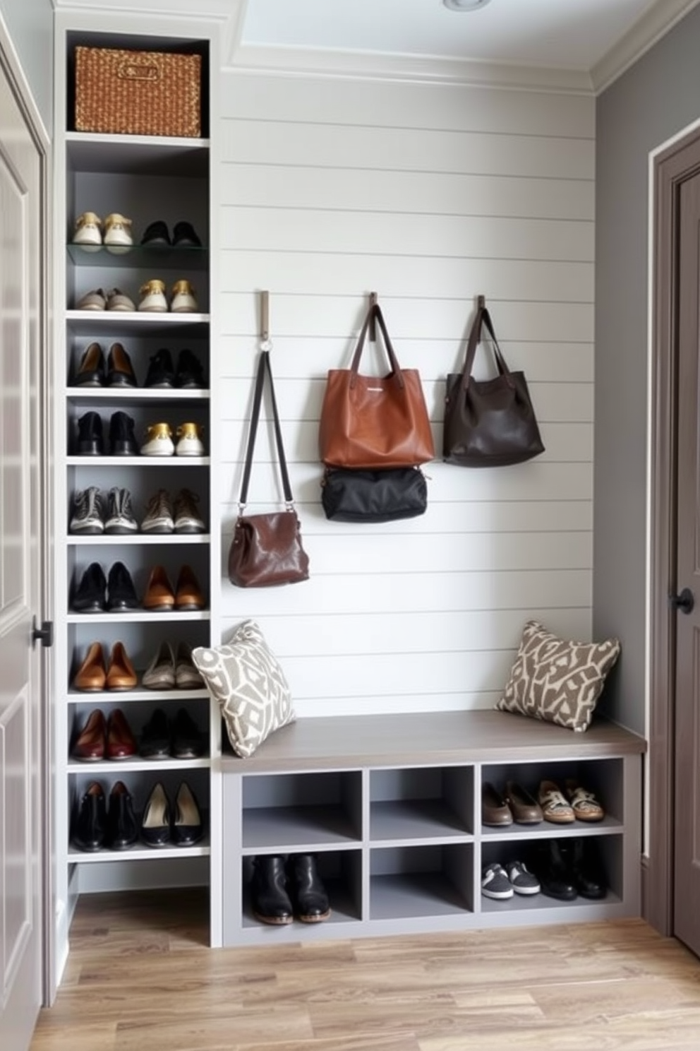 A stylish mudroom featuring vertical storage solutions for shoes and bags. The walls are adorned with shiplap in a soft gray hue, and a built-in bench with cubbies provides a functional yet aesthetic touch.