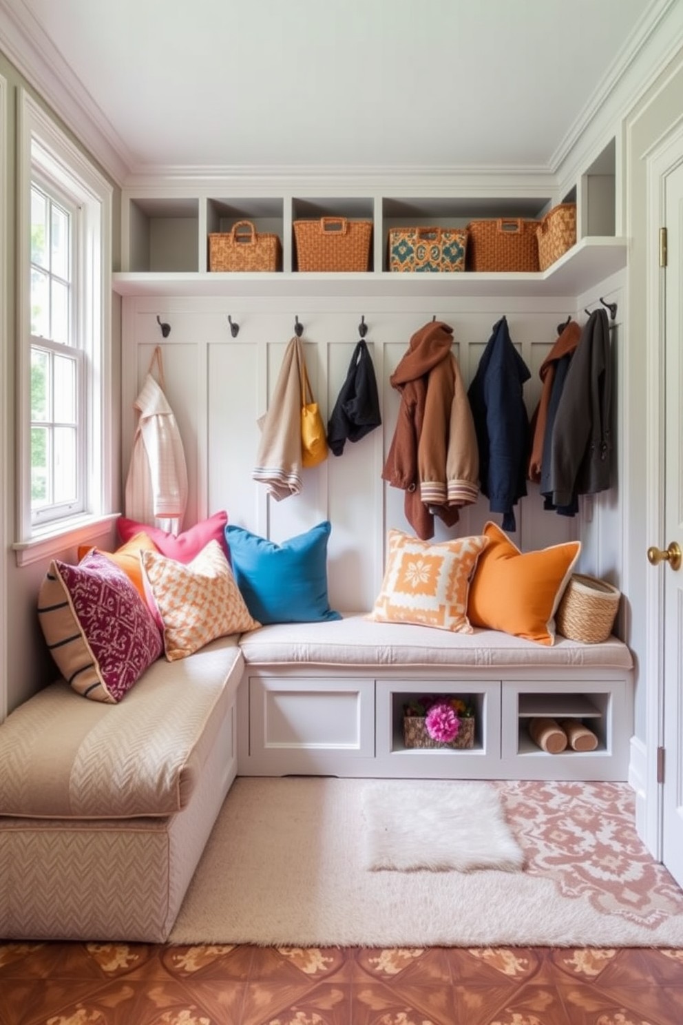 Cozy seating area with cushions. The space features a plush sofa adorned with an array of colorful cushions, creating an inviting atmosphere. Mudroom design ideas. The mudroom includes built-in storage benches, hooks for coats, and a stylish tile floor that adds functionality and charm.