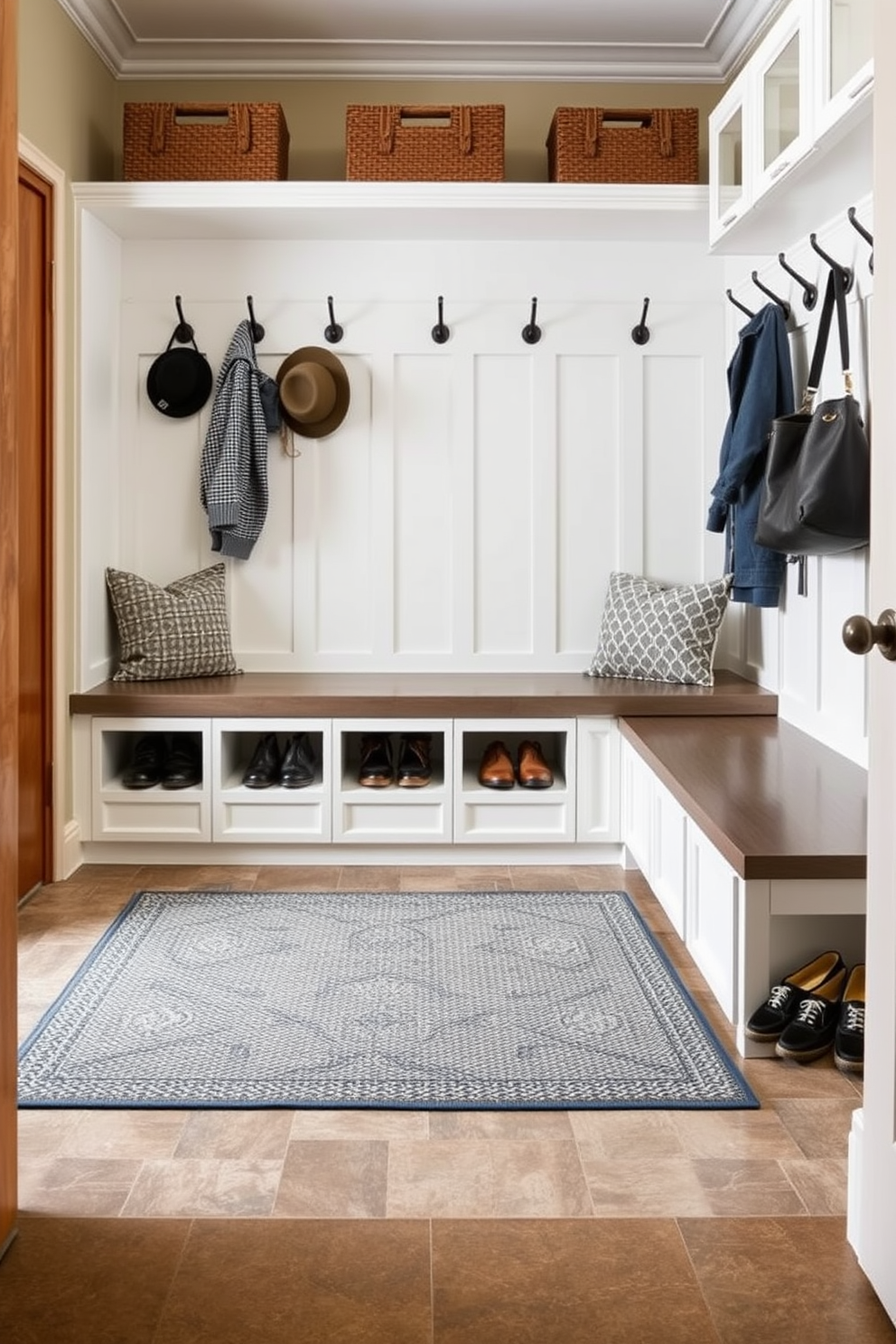 A functional mudroom with durable flooring designed to withstand high traffic. The space features a combination of textured tiles and a sturdy area rug to provide comfort and style. Built-in benches with storage compartments line the walls, offering a place to sit and store shoes. Hooks for coats and bags are mounted above the benches, keeping the area organized and clutter-free.