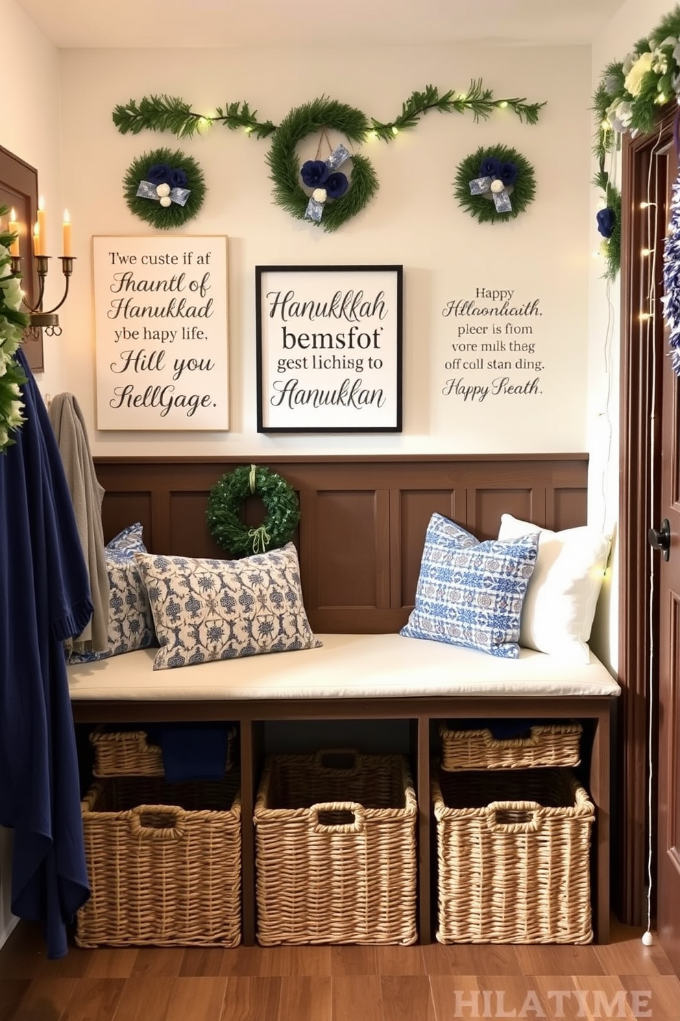 A cozy mudroom adorned with festive Hanukkah decorations. The walls are decorated with wall art featuring beautiful Hanukkah blessings in elegant typography. A welcoming bench with plush cushions sits against the wall, surrounded by decorative storage baskets. Twinkling string lights and blue and silver accents enhance the festive atmosphere.