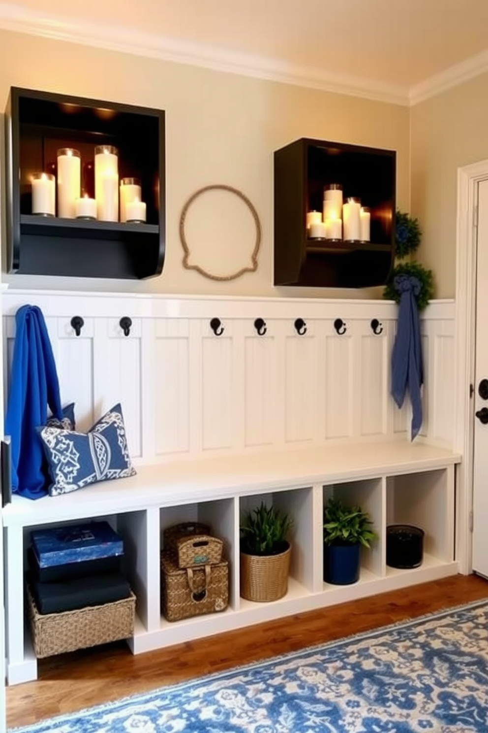 Charming candle holders are elegantly arranged on floating shelves, showcasing a variety of sizes and designs. Soft, warm light emanates from the candles, creating a cozy atmosphere in the room. The mudroom features a practical yet stylish design, with built-in storage benches and hooks for coats. Decorative elements like a patterned rug and potted plants add a welcoming touch to the space. For Hanukkah decorating ideas, consider a festive display of blue and silver accents throughout the room. Incorporate traditional symbols like menorahs and dreidels to enhance the holiday spirit.