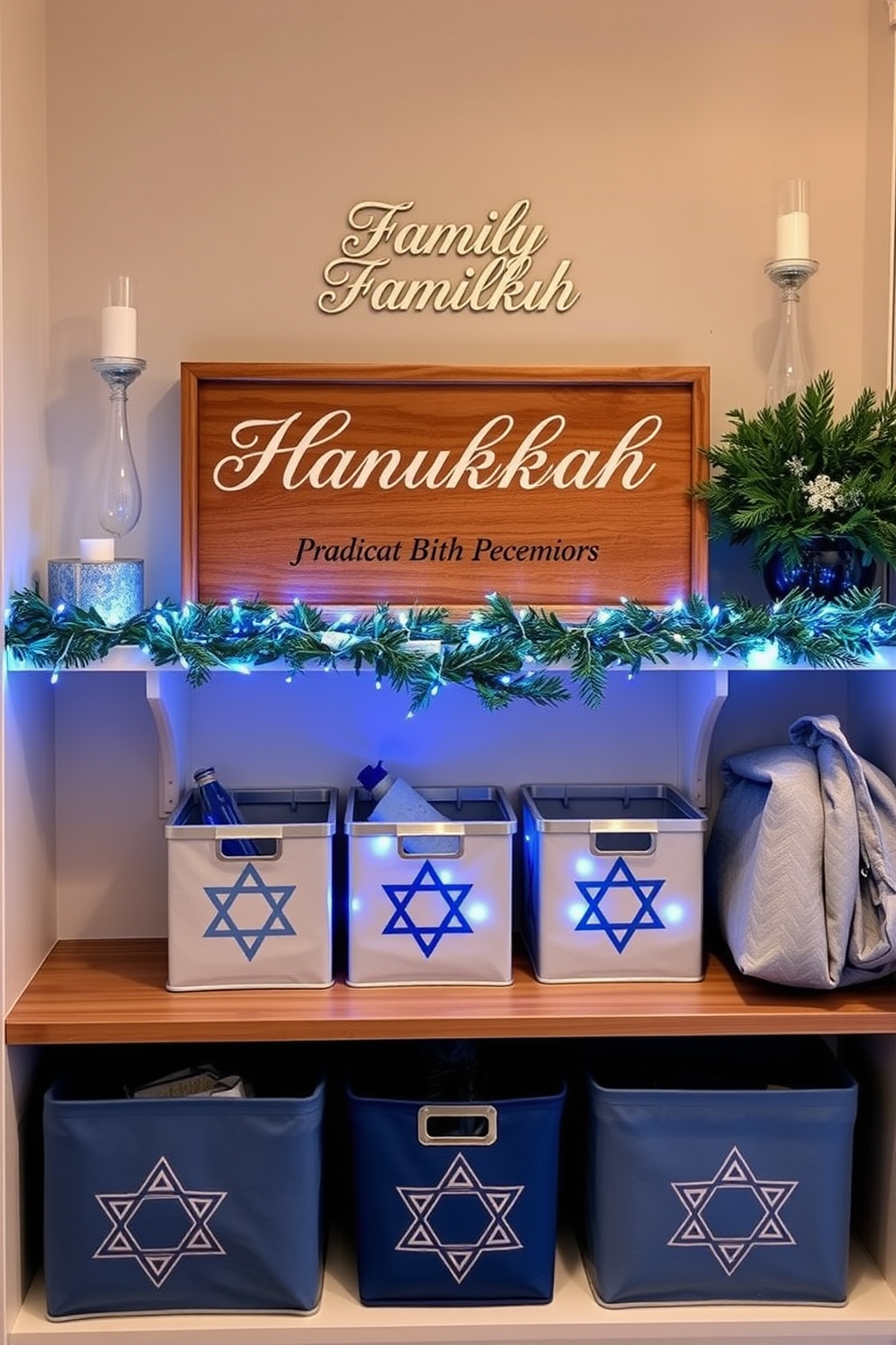 A personalized family Hanukkah sign is displayed prominently in the mudroom, featuring elegant lettering and festive symbols. The sign is surrounded by a warm color palette of blues and silvers, creating a welcoming atmosphere for holiday celebrations. For mudroom Hanukkah decorating ideas, consider incorporating a garland of blue and white lights along the shelves. Add decorative storage bins adorned with Star of David motifs to keep the space tidy and festive.