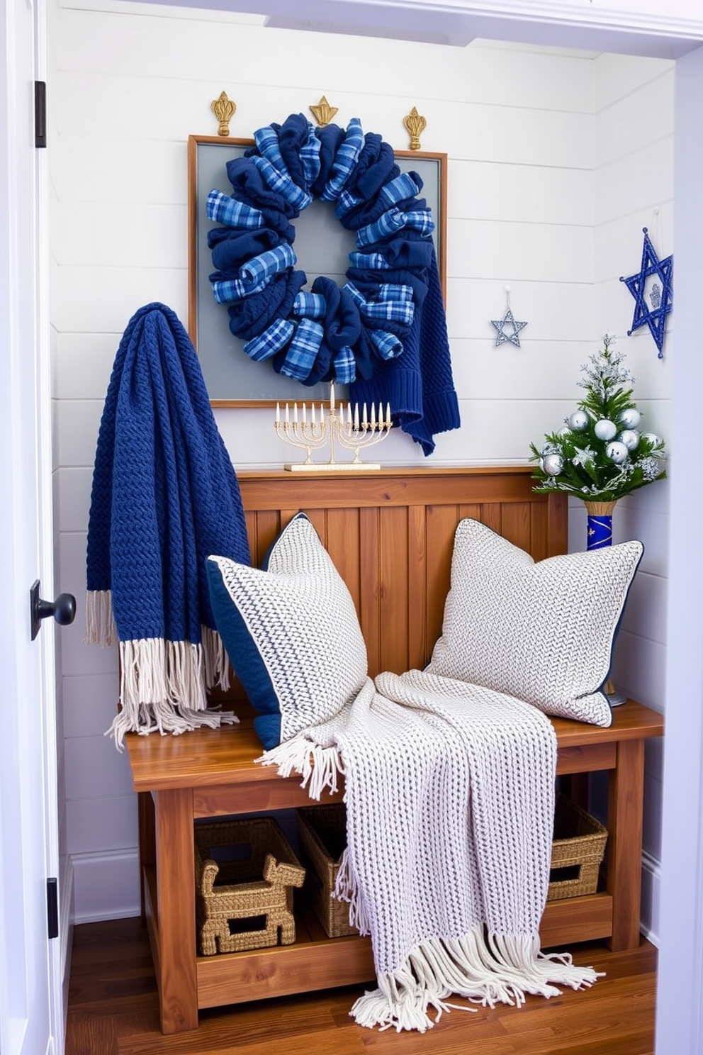 Layered textures create a cozy atmosphere in the mudroom. Knitted throws in soft, neutral colors are draped over a wooden bench, inviting warmth and comfort. For Hanukkah, the mudroom is adorned with festive decorations. Blue and silver accents, including menorahs and star of David ornaments, enhance the seasonal spirit.