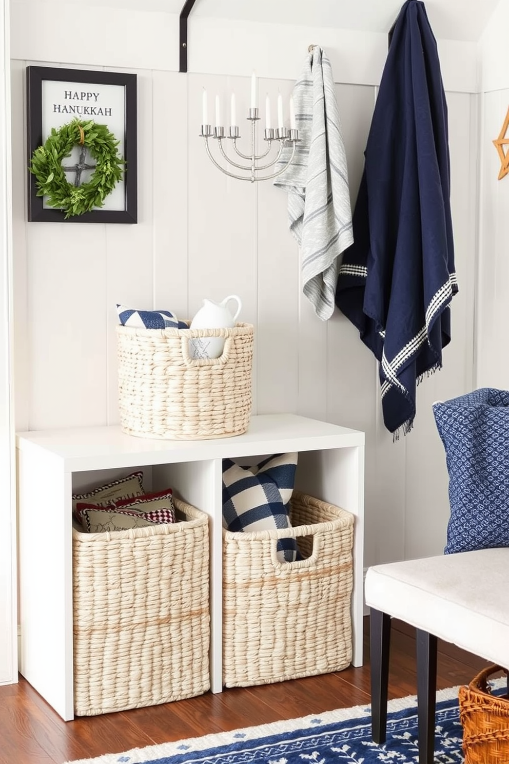 Stylish storage baskets for gifts. These baskets are woven from natural fibers and feature a soft, neutral color palette that complements any decor style. Mudroom Hanukkah decorating ideas. Incorporate festive elements such as blue and white accents, decorative menorahs, and cozy textiles to create an inviting holiday atmosphere.