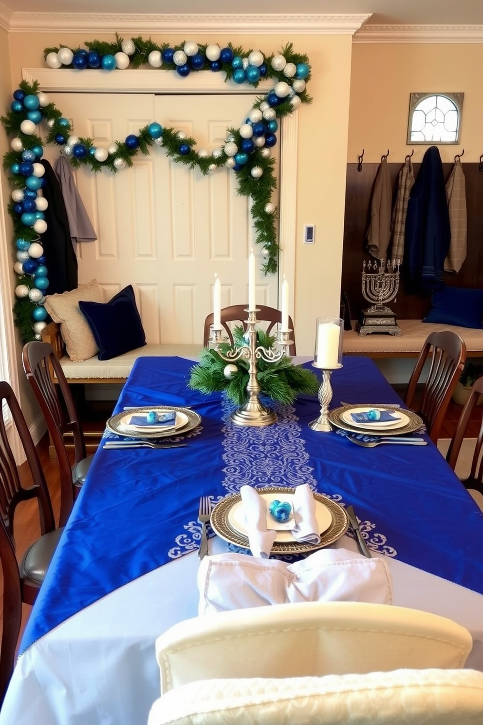 An elegant table setting for Hanukkah features a beautifully arranged tablecloth in deep blue adorned with silver accents. The centerpiece includes a traditional menorah, surrounded by decorative candles and fresh greenery, creating a warm and inviting atmosphere. The mudroom is decorated with festive Hanukkah touches, including a garland of blue and white ornaments draped along the coat hooks. A cozy bench is adorned with plush cushions, while a decorative menorah sits on a small side table, adding a touch of holiday spirit.