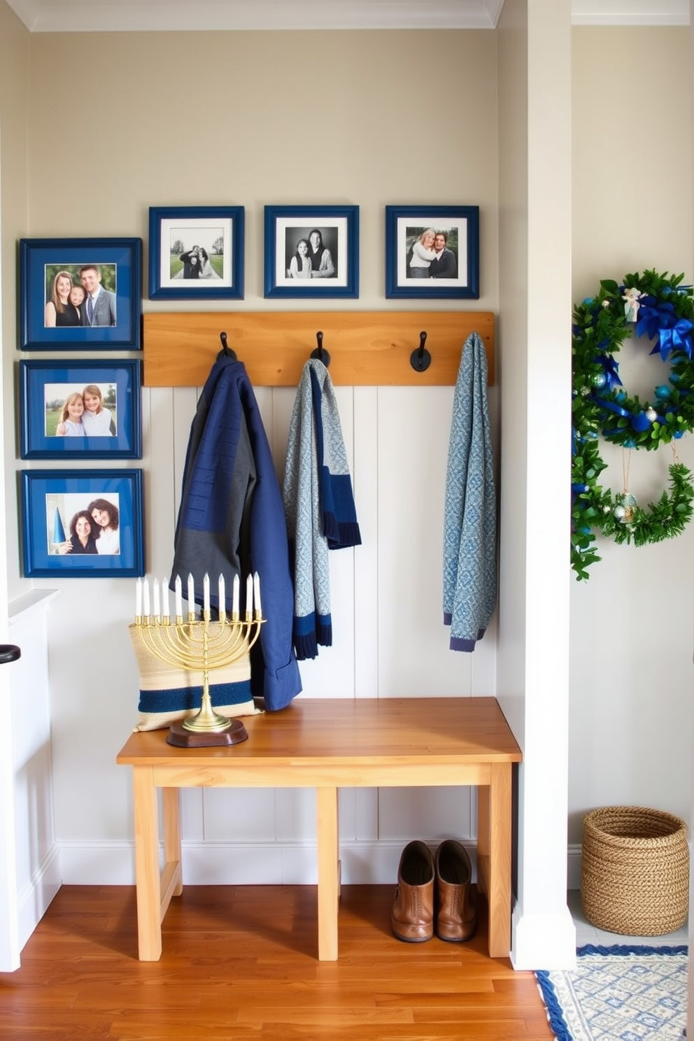 A cozy mudroom with a warm wooden bench and hooks for coats. Framed family photos in blue frames adorn the walls, adding a personal touch to the space. For Hanukkah decorating ideas, consider incorporating blue and silver accents throughout the room. A festive menorah sits on the bench, complemented by decorative dreidels and garlands.