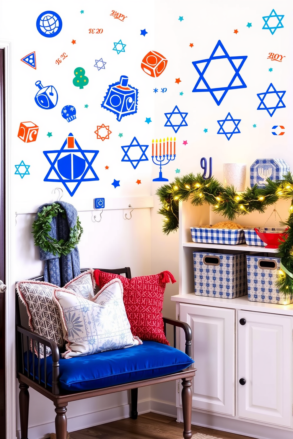 Whimsical Hanukkah-themed wall decals adorn the mudroom, featuring playful designs of dreidels, menorahs, and stars of David in vibrant colors. The decals create a festive atmosphere, inviting warmth and joy to the space while celebrating the holiday spirit. Incorporating cozy elements, the mudroom showcases a decorative bench with plush cushions in blue and silver tones. Shelves are filled with holiday-themed storage bins, and a garland of lights adds a cheerful glow, enhancing the overall festive decor.