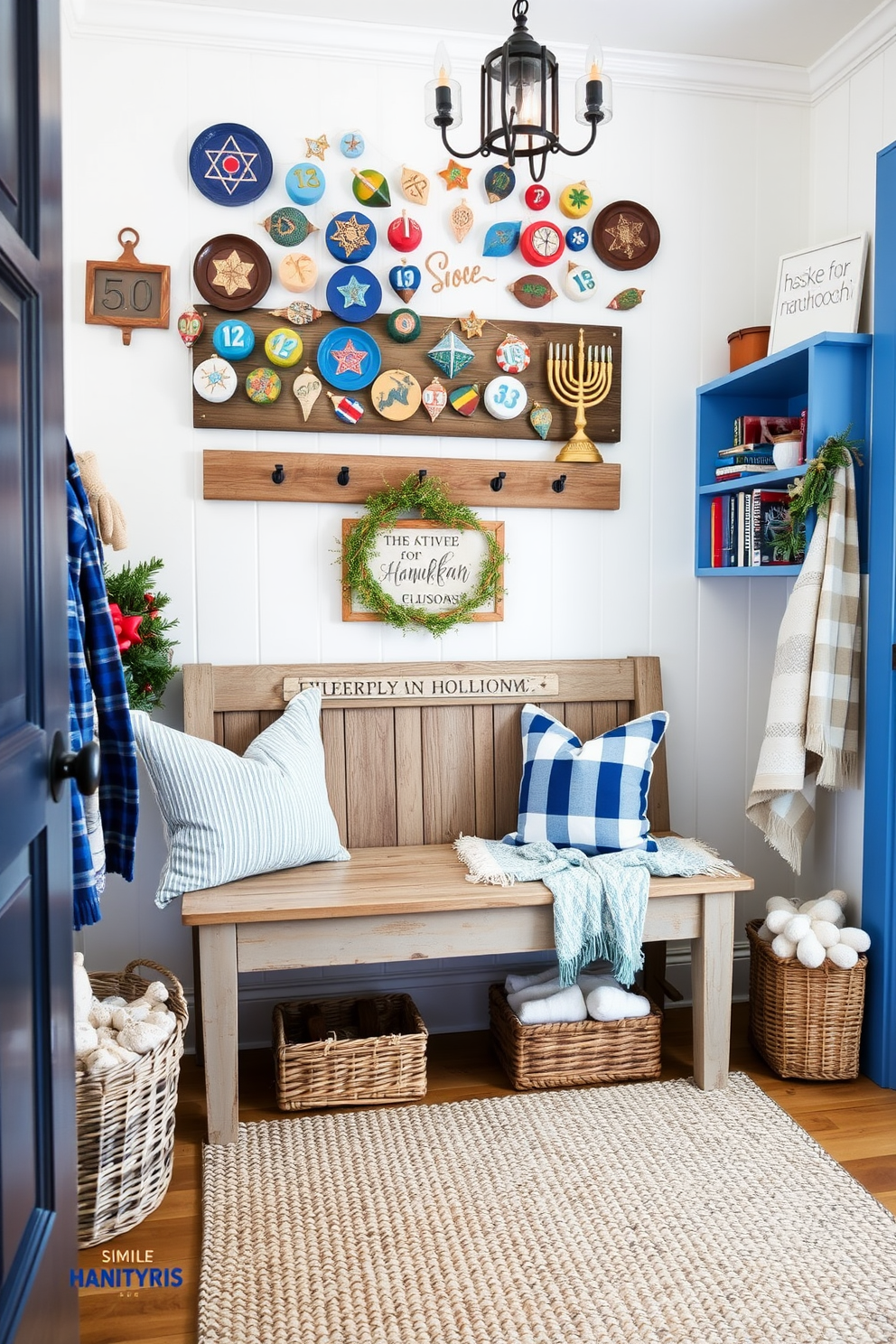 A charming mudroom adorned with vintage Hanukkah decorations. The space features a rustic wooden bench with a collection of colorful dreidels and menorahs displayed on the wall above. Soft blue and white accents create a cozy atmosphere, complemented by a woven rug on the floor. Shelves lined with festive holiday books and a basket of seasonal blankets add to the inviting feel.