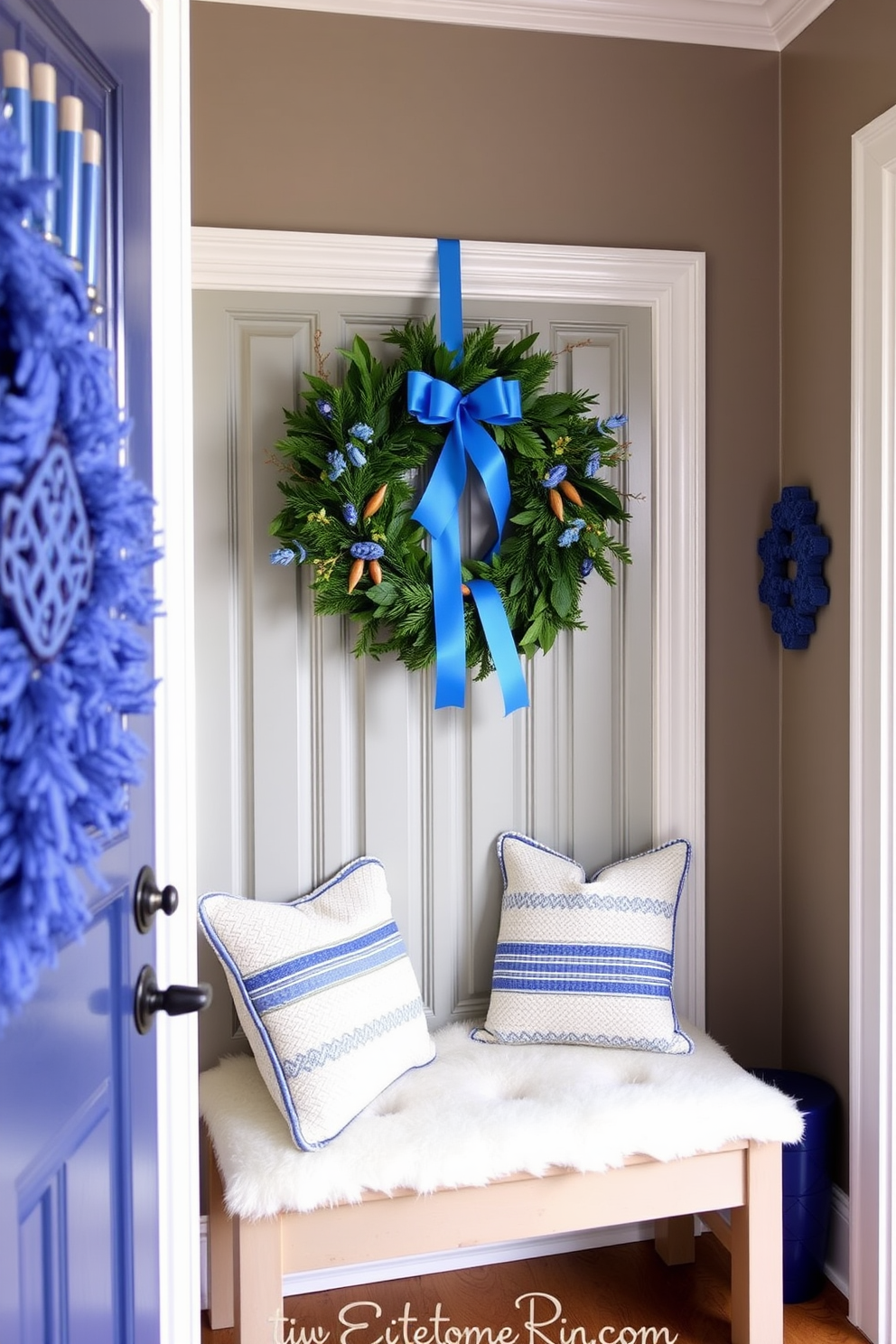 A seasonal wreath adorned with blue accents hangs prominently on the mudroom door, welcoming guests with a touch of festive charm. Inside the mudroom, a cozy bench is lined with plush cushions, and blue-themed decorations add a cheerful ambiance for the Hanukkah season.