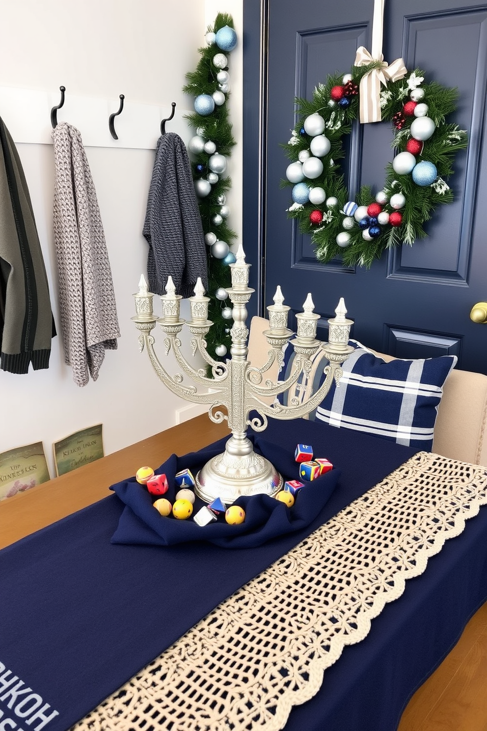 A festive menorah centerpiece display featuring a beautifully crafted silver menorah adorned with intricate designs. Surrounding the menorah are colorful dreidels and shimmering gelt arranged on a rich navy blue tablecloth. The mudroom is decorated for Hanukkah with a cozy bench covered in a warm knitted throw. Wall hooks hold festive garlands of blue and white, while a cheerful wreath made of pine and silver ornaments hangs on the door.