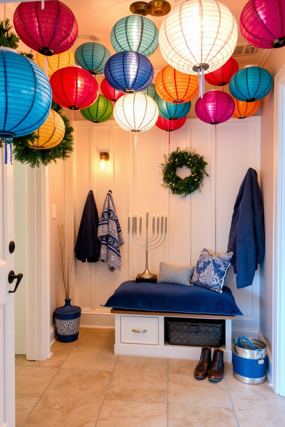 A vibrant mudroom adorned with colorful paper lanterns hanging from the ceiling creates a warm and inviting atmosphere. The walls are painted in a soft white, while the floor features a durable tile that can withstand heavy foot traffic during the holiday season. For Hanukkah, the mudroom is decorated with blue and silver accents, including a menorah placed on a small table. A cozy bench with plush cushions provides a perfect spot for guests to remove their shoes, enhancing the festive spirit.