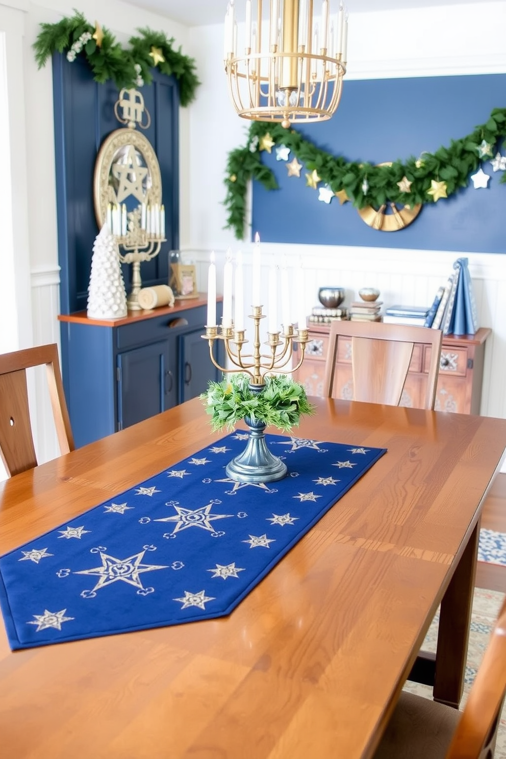 Chic table runner with stars. The runner features a deep navy blue fabric adorned with intricate gold star patterns, creating a festive yet elegant centerpiece for the dining table. Mudroom Hanukkah decorating ideas. Incorporate a blend of traditional blue and white colors with decorative menorah displays, and hang festive garlands of stars and dreidels to enhance the holiday spirit in the entryway.