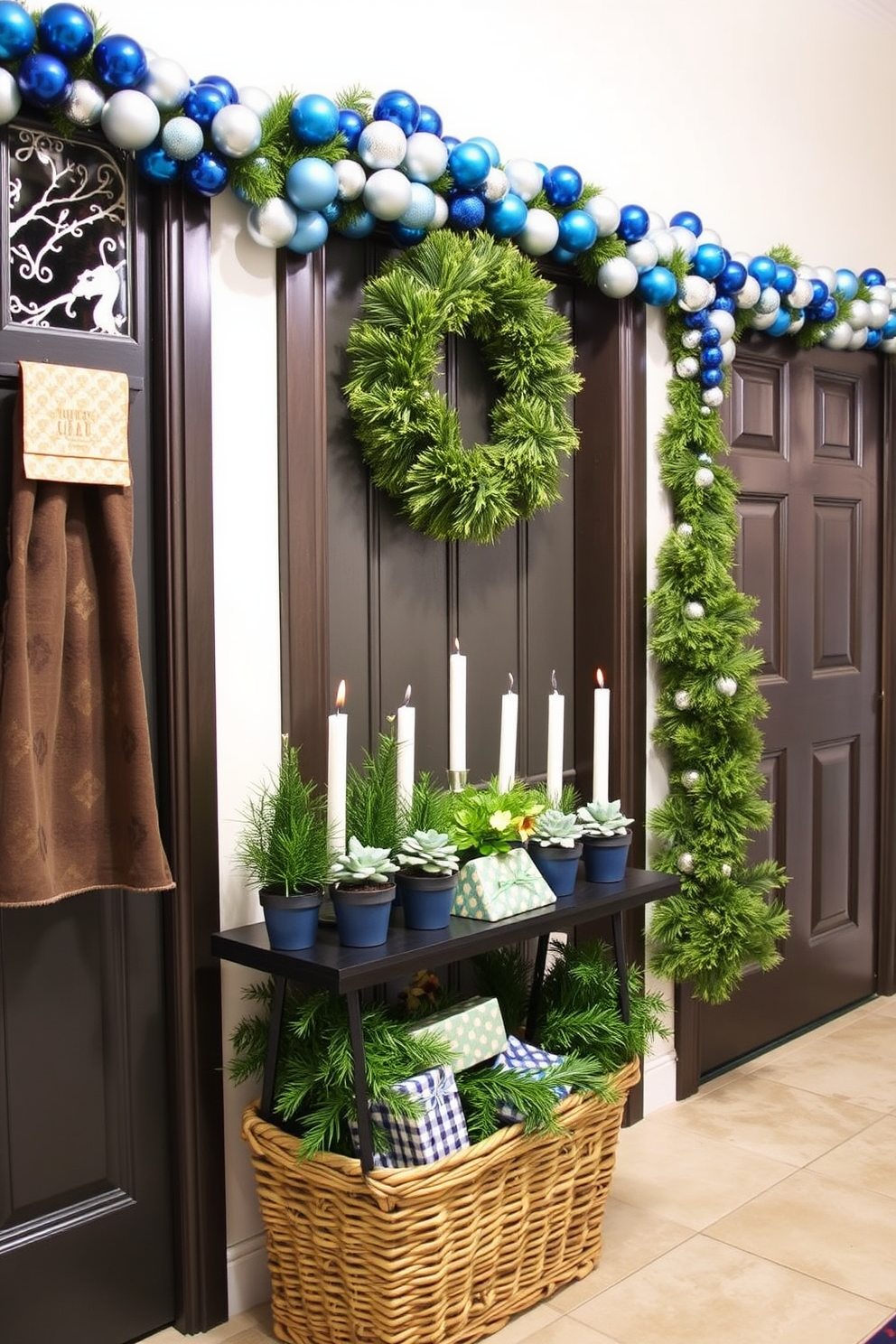 Creative menorah alternatives for decor. Consider using a collection of small potted plants arranged in a line to symbolize the candles, each adorned with a tiny decorative element representing the holiday spirit. Mudroom Hanukkah decorating ideas. Hang festive garlands made of blue and silver ornaments across the entryway, and place a decorative basket filled with wrapped gifts near the door to welcome guests.