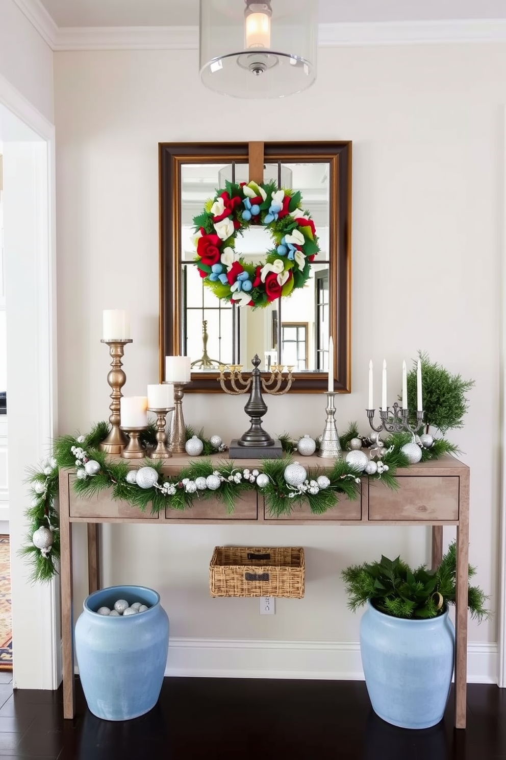 A stylish entryway adorned with festive touches welcomes guests with warmth and charm. A beautifully arranged console table displays seasonal decorations, including candles, garlands, and a vibrant wreath. The mudroom is transformed with Hanukkah decorating ideas that reflect the spirit of the holiday. Soft blue and silver accents, along with a menorah and decorative dreidels, create a cozy and inviting atmosphere.