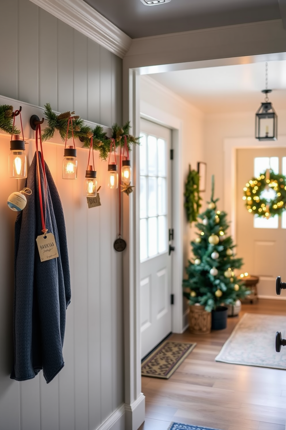 A cozy mudroom adorned for Hanukkah features handmade ornaments hanging from rustic hooks. The space is filled with warm lighting, creating a welcoming atmosphere for guests during the festive season.