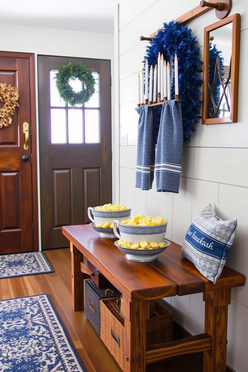 A warm and inviting mudroom decorated for Hanukkah. Decorative bowls filled with gelt are placed on a rustic wooden bench, accompanied by festive blue and silver accents throughout the space.