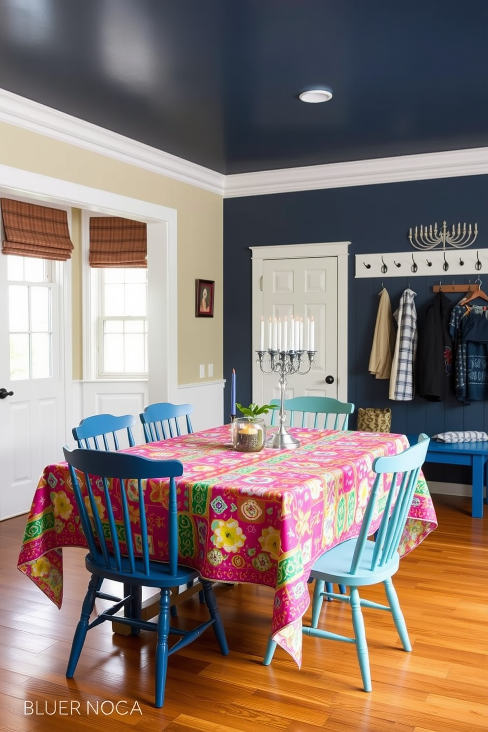 A vibrant tablecloth adorned with festive patterns and bright colors drapes elegantly over a long dining table, setting the stage for a joyous celebration. Surrounding the table are mismatched chairs, each painted in cheerful hues, adding to the lively atmosphere. The mudroom features a warm and inviting design, with hooks for coats and a bench for seating, all in a palette of deep blues and whites. Festive Hanukkah decorations, including a menorah and blue and silver accents, are tastefully arranged to create a welcoming space for guests.