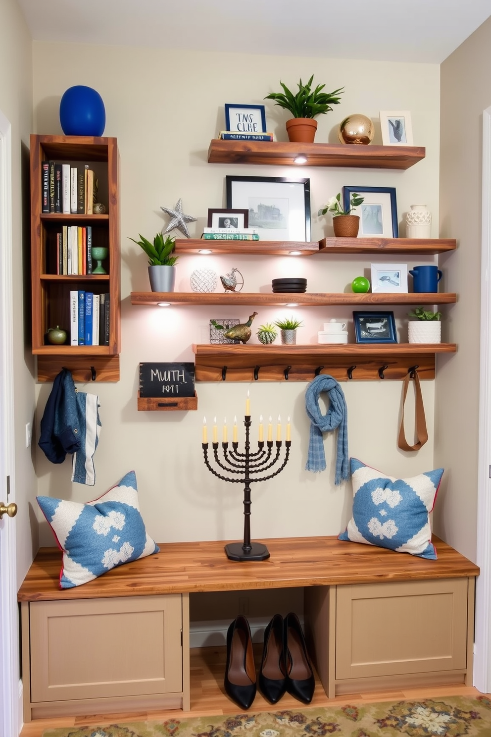 A set of unique wall shelves crafted from reclaimed wood showcases an array of decor items including books, plants, and art pieces. The shelves are mounted at varying heights to create visual interest and are accented with soft LED lighting to highlight the displayed items. The mudroom features a warm and inviting design with built-in storage benches and hooks for coats and bags. Festive Hanukkah decorations adorn the space, including a beautifully arranged menorah on the bench and blue and silver accents throughout.