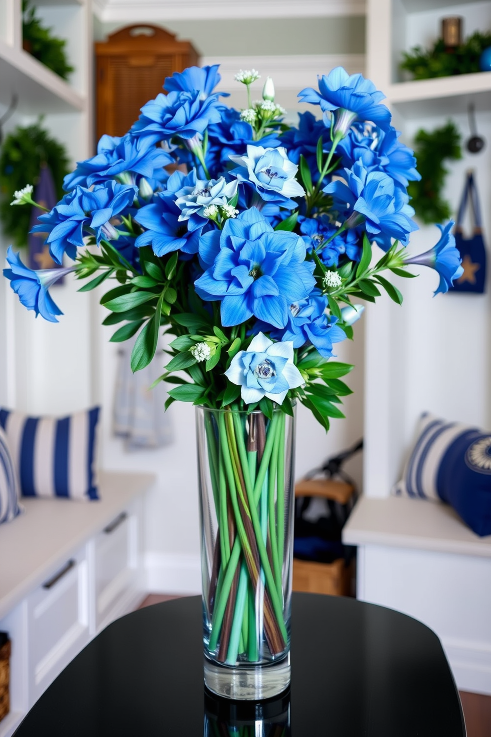 Floral arrangements featuring vibrant blue flowers are artfully arranged in a sleek glass vase. The blooms are complemented by lush green foliage, creating a fresh and inviting centerpiece for any space. The mudroom is designed with practical storage solutions, including built-in benches and hooks for coats. Soft lighting illuminates the area, enhancing its functionality while maintaining a cozy atmosphere. For Hanukkah decorating ideas, incorporate traditional elements like menorahs and dreidels alongside modern decor. Use a palette of blue, silver, and white to create a festive yet elegant ambiance throughout the home.