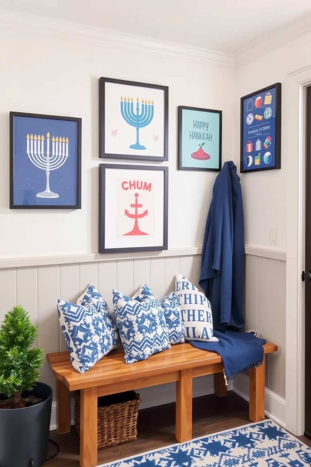 Create a cozy mudroom decorated for Hanukkah with fun holiday-themed wall art prints. The walls are adorned with colorful prints featuring menorahs and dreidels, while a bench is lined with festive pillows in blue and white.