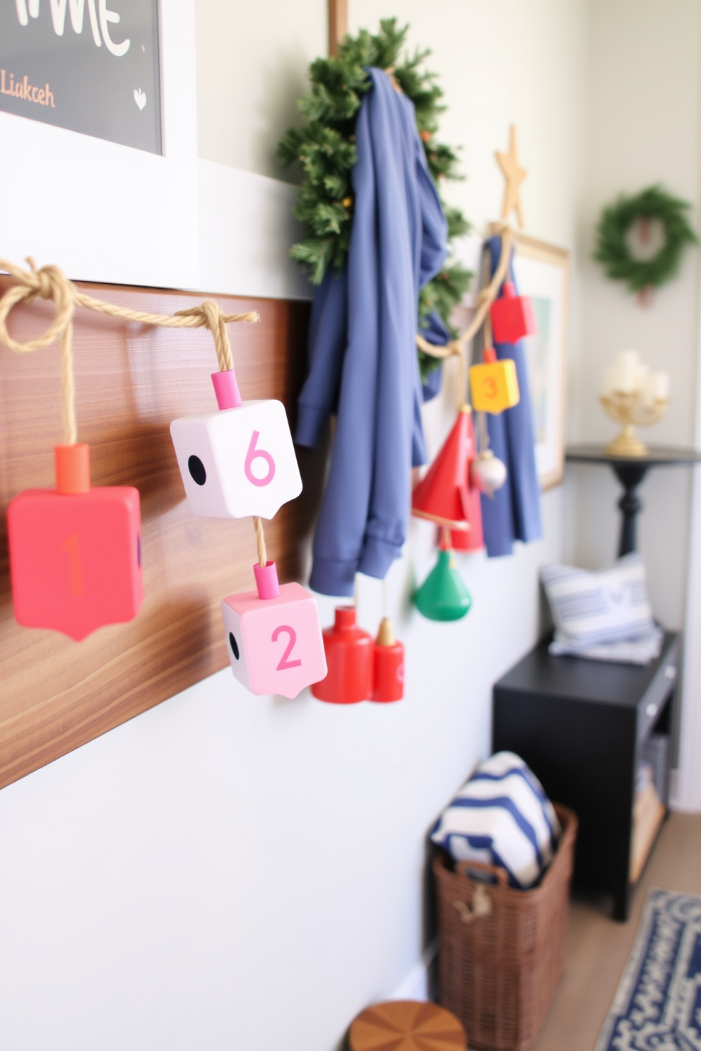 Create a festive DIY dreidel garland for your walls. The garland features colorful paper dreidels strung together with twine, adding a playful touch to your Hanukkah decor. Design a functional mudroom that embraces Hanukkah themes. Incorporate storage solutions for winter gear while displaying festive decorations like menorahs and holiday-themed artwork.