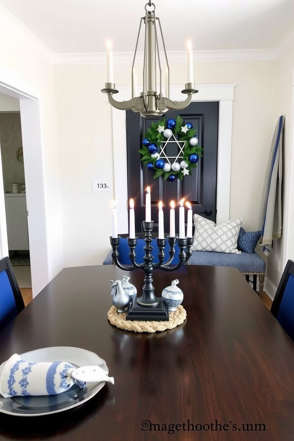 Traditional Hanukkah symbols in decor. Incorporate a beautiful menorah as a centerpiece on the dining table surrounded by blue and silver accents. Mudroom Hanukkah decorating ideas. Use a festive wreath adorned with Stars of David and dreidels on the door, and place a cozy bench with decorative pillows for a welcoming touch.